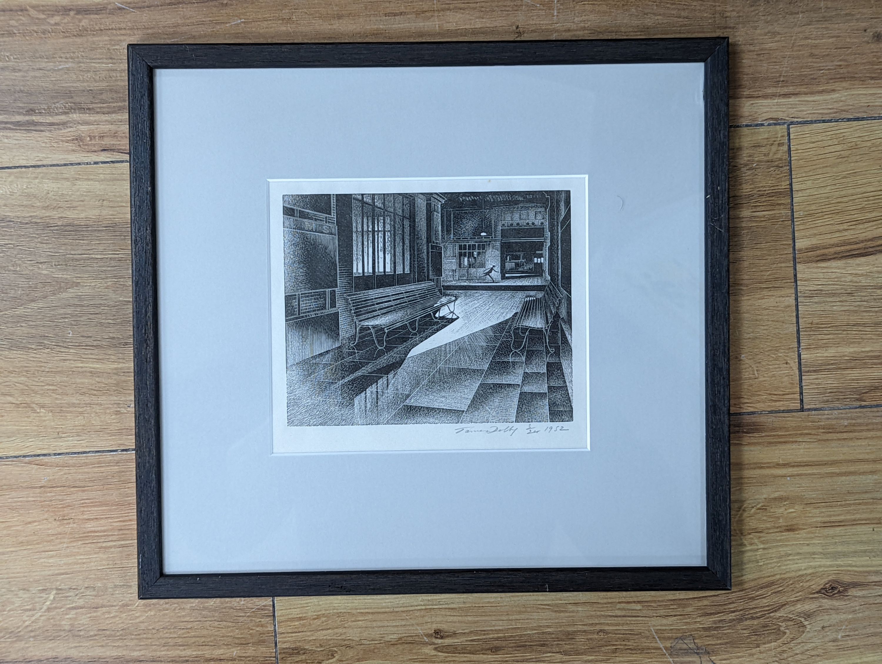 James Taylor Dolby (1909-1975), etching, Station interior, signed and dated 1952, 3/24, 12.5 x 15.5cm